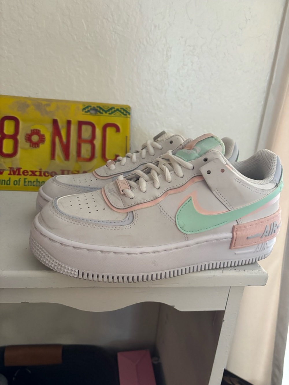Nike White Sneakers with Mint Green Swoosh & Pink Trim